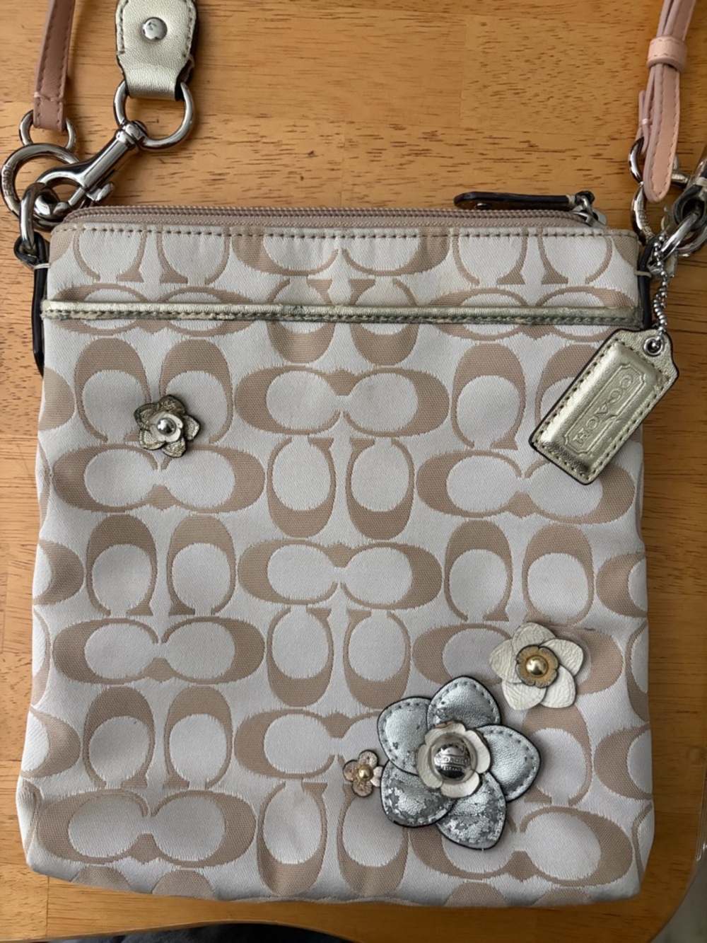 Coach Beige Signature Canvas Crossbody with Floral Appliqués